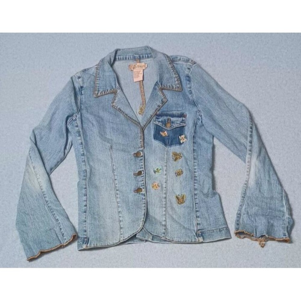 Vintage Reality Denim Jacket Blazer Large Butterfly embroidered Y2K Light Wash